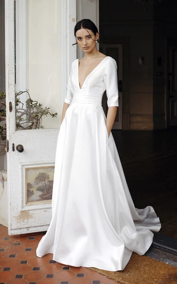 Satin Plunging V-neck Sexy Elegant Bridal Gown With 3/4 Sleeves And Court Train