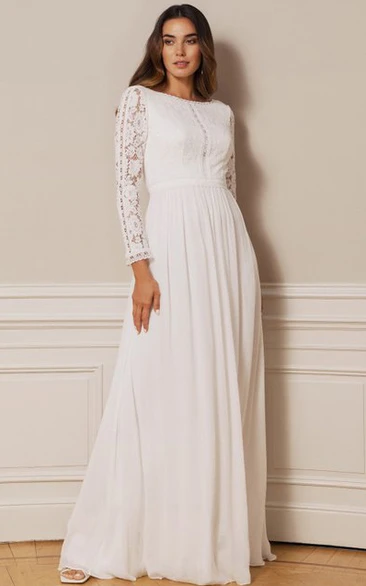 Ethereal Chiffon Lace Bateau A Line Floor-length Deep-V Back Wedding Dress