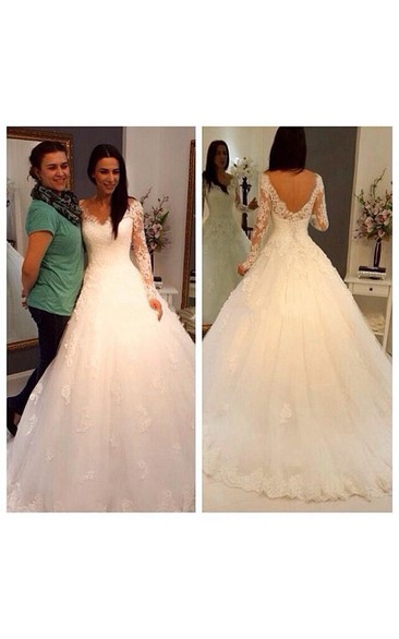 Gorgeous V-neck Lace Ball Gown With Long Sleeve and V-Back