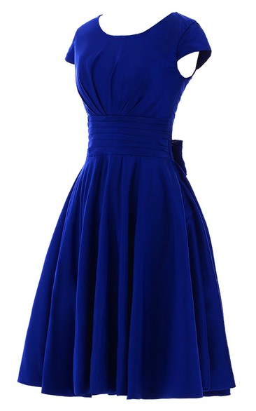 Short Sleeve Knee-length Pleated Chiffon Dress With Bowknot