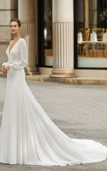 A-Line V-neck Chiffon Country Wedding Dress With Button Back And Long Sleeve