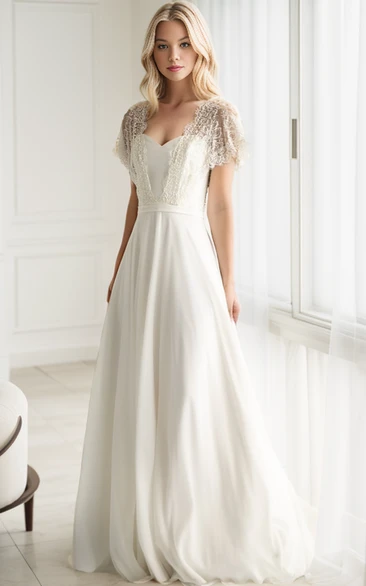 Modest Short Sleeves Long Wedding Gown Modern Ethereal Sweetheart Tied Back Dress