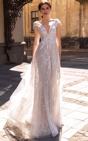 Elegant Floor-length Short Sleeve Lace A Line Deep-V Back Wedding Dress with Ruching