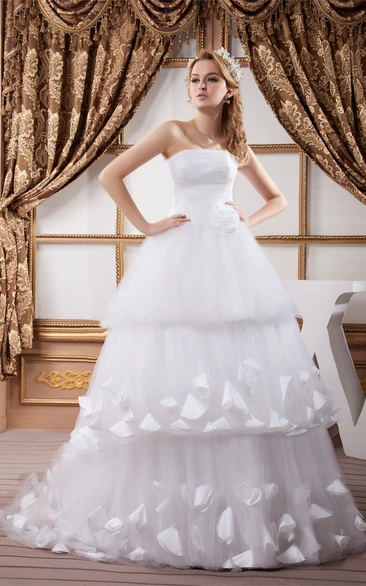 Strapless Tulle Ball Gown with Tiers and Flower