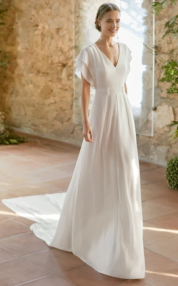 Romantic Chiffon A-Line V-neck Wedding Dress With Low-V Back And Short Sleeve