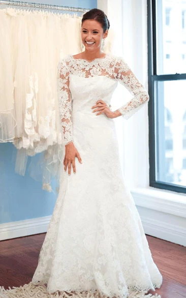 Elegant Lace Long Sleeve Wedding Dress White Sweep Train