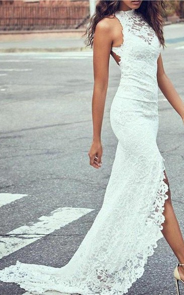 Sexy Lace Sheath Halter Sleeveless Keyhole Wedding Gown with Split Front