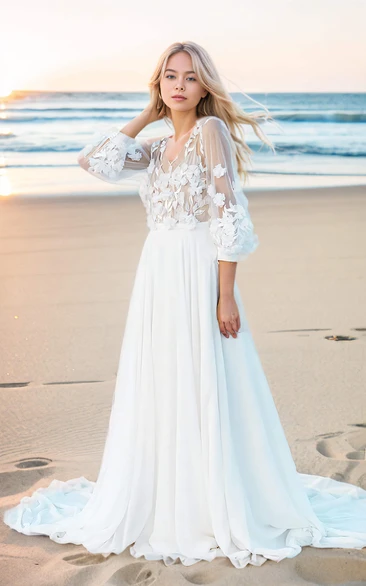 Long Sleeve A-Line V-neck 3D Lace Flower Ethereal Floor-length Wedding Dress with Train