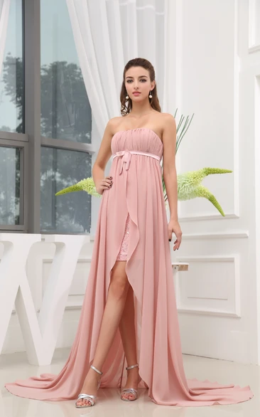 Strapless Chiffon Dress With Empire Waist and Front Slit