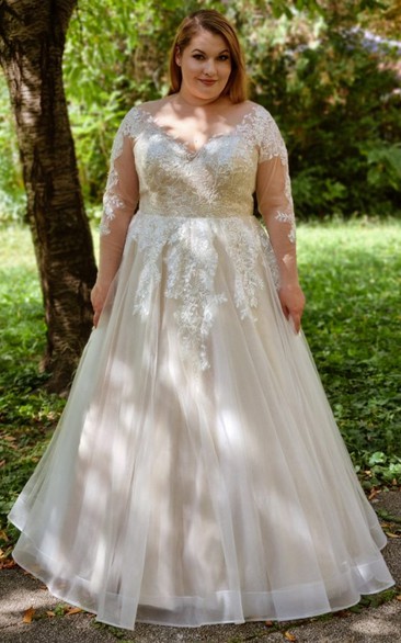 A Line Delicate V-neck Tulle Floor-length Wedding Dress with Appliques