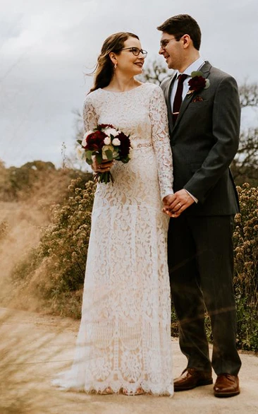 Sheath Bateau Lace Adorable Wedding Dress Long Sleeves With Illusion Back