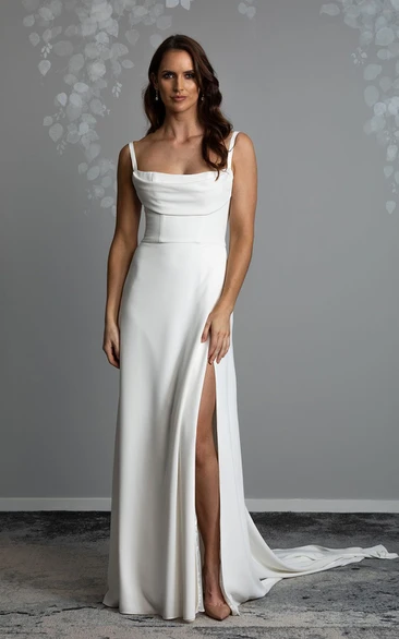 Sheath Scoop Neckline Spaghetti Jersey Sexy Wedding Dress With Open Back And Court Train
