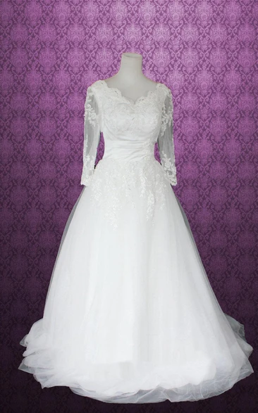 Ball Gown V-Neck Long Sleeve Tulle Lace Satin Dress With Flower