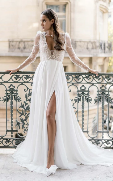 Sexy Elegant Chiffon A-Line V-neck Beaded Wedding Dress Vintage Romantic Long Sleeve Floor-length Split Bridal Gown with Train