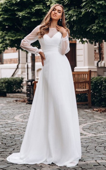 Modest A Line Floor-length Chiffon Bateau Long Sleeve Wedding Dress