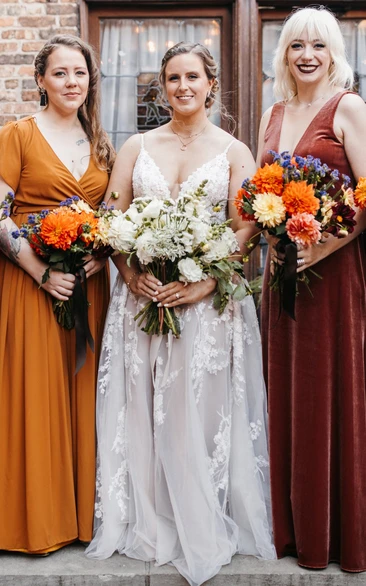 Plus Size Bohemian Tulle Applique A-Line V-neck Spaghetti Garden Wedding Dresses
