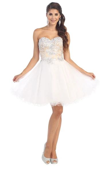 A-Line Short Sweetheart Sleeveless Tulle Lace-Up Dress With Appliques And Lace
