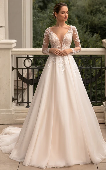 Elegant A Line Plunging Neckline Tulle Wedding Dress with Beading