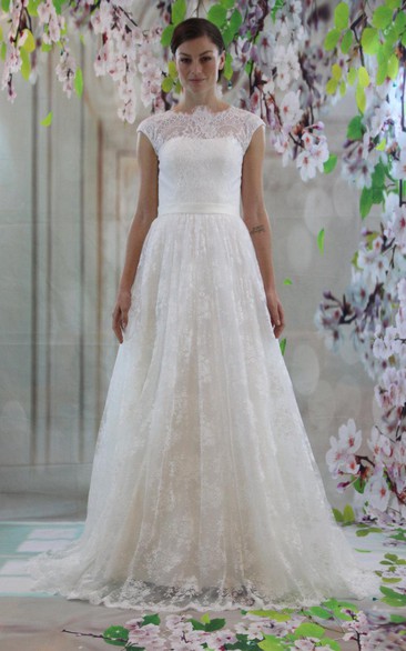 High-Neck Cap Sleeve A-Line Lace Wedding Dress With Court Train