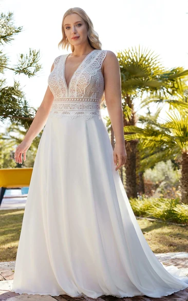 Lace A-Line V-neck Chiffon Country Bohemian Wedding Dress With Deep-V Back