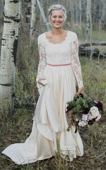 Elegant Sheath Scalloped Long Sleeve Lace And Satin Wedding Dress