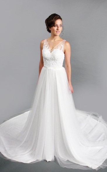 V-Neck Sleeveless Long A-Line Tulle Wedding Dress With Lace Bodice
