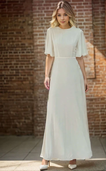 Simple Solid Jewel Neck A-Line Flutter Sleeves Wedding Bride Dress with Sash Reception