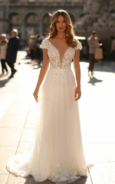 A-Line V-neck Lace Petals Short Sleeve Wedding Dress with Natural Sweep Train