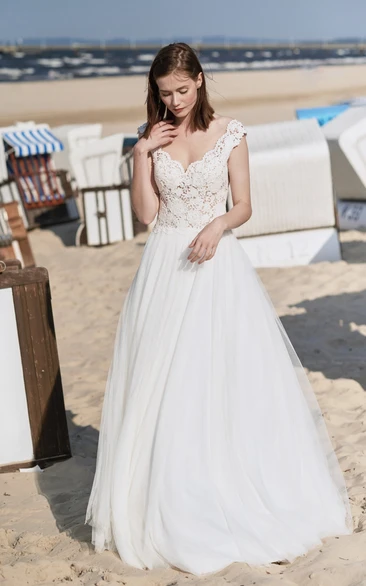 Adorable Cap Sleeve Ball Gown Wedding Dress With Deep V Back