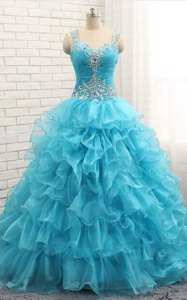 Beaded Organza Ball Gown With Ruffles And Crystals