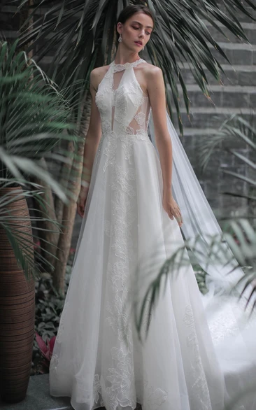 A-Line Halter Neckline Tulle Wedding Dress Simple Casual Sexy Romantic Beach With Open Back And Sleevesless Appliques