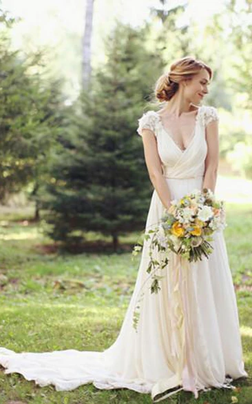 Modern V-neck Chiffon Flowers Wedding Dress Sweep Train