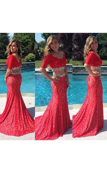 Mermaid Half Sleeve Sequins Long Lace Dress