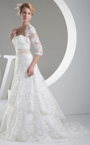 Strapless Lace A-Line Dress with Bolero and Brush Train