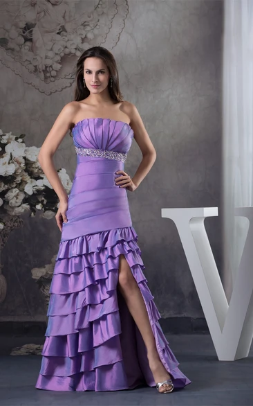 Strapless Ruched Front-Split Dress with Tiers and Jeweled Waist