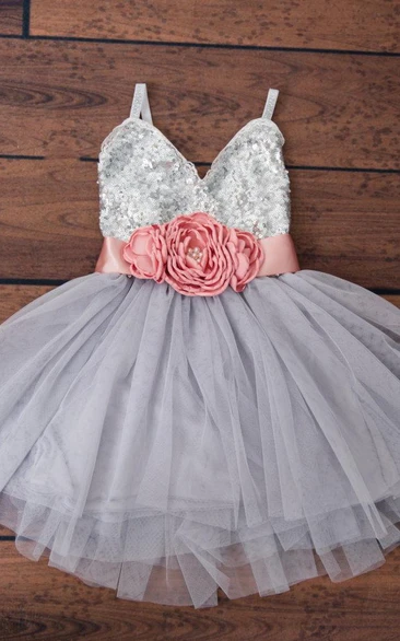 Mini Spaghetti Strap Tulle Dress With Sequins&Flower