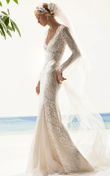 Simple V-neck Long Sleeve Brush Train Lace Mermaid/Trumpet Wedding Dress