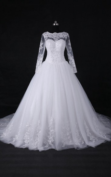 A-Line Ball Gown Long Sleeve Cathedral Train Tulle Lace Satin Dress