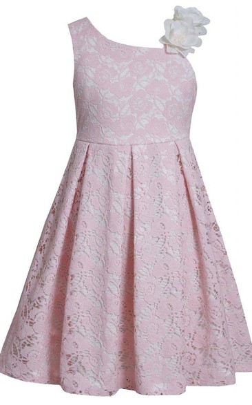 Sleeveless Floral Shoulder Lace Dress With Pleats