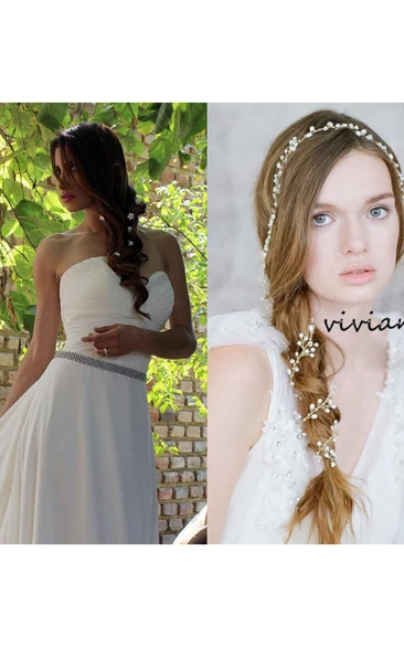 Chiffon Sweetheart Criss Cross Long Dress and Natural Freshwater Pearl Noble Bride Headdress Soft Crown