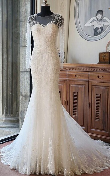 Illusion Scoop-neck Long Sleeve Mermaid Wedding Dress With Beading And Chapel Train