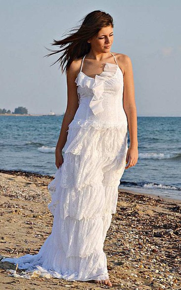 Beach Spaghetti Boho Style Lace Tiered Wedding Dress With Sweep Train