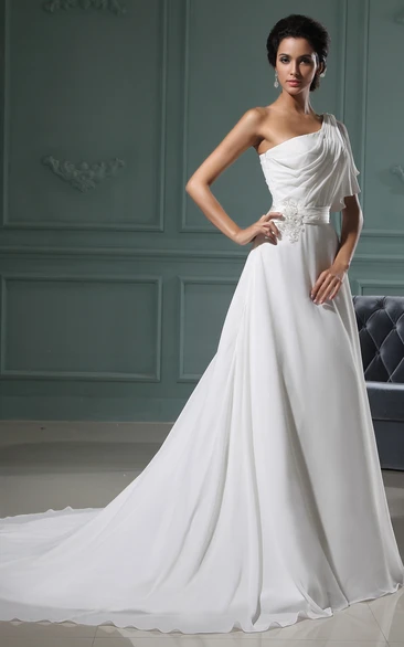 Ethereal A-Line Chiffon Gown With Sating Sash And Ruching