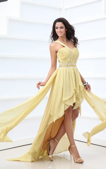 Ethereal Asymmetrical One-Shoulder High-Low Dress With Ruching And Ruffle