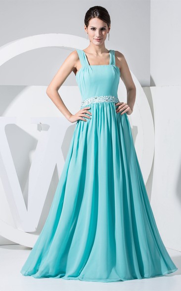Strapped Chiffon Floor-Length Gown with Pleats and Beaded Waist