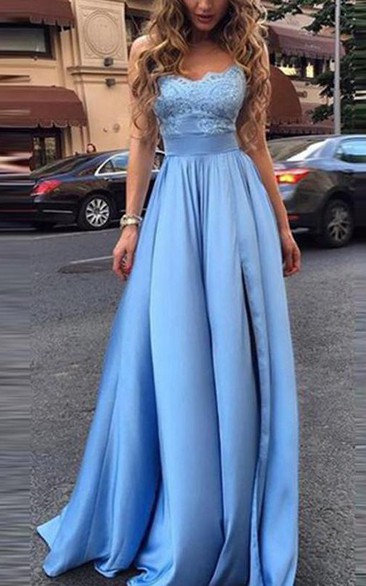 Simple Lace Bodice Sweetheart A-line Long Evening Prom Dress