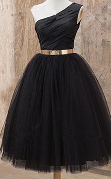 One-shoulder Knee-length A-line Tulle Dress With Lace Up Back