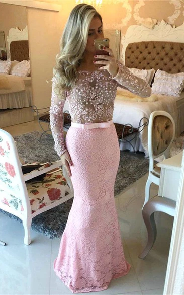 Modern Long Sleeves Pink Prom Dresses Mermaid Lace Floor Length