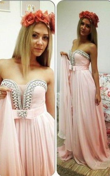 Romantic Pink Chiffon Beadings Prom Dress Sweep Train Bowknot