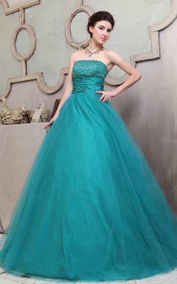 A-Line Strapless Floral Ball Gown With Ruffles And Crystal Detailing